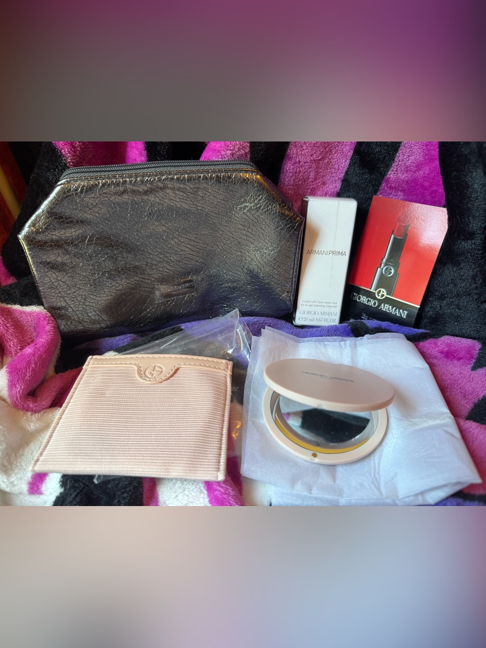 Giorgio Armani Vanity Cosmetic Case With Baby Pink Card Holder And Mirror.